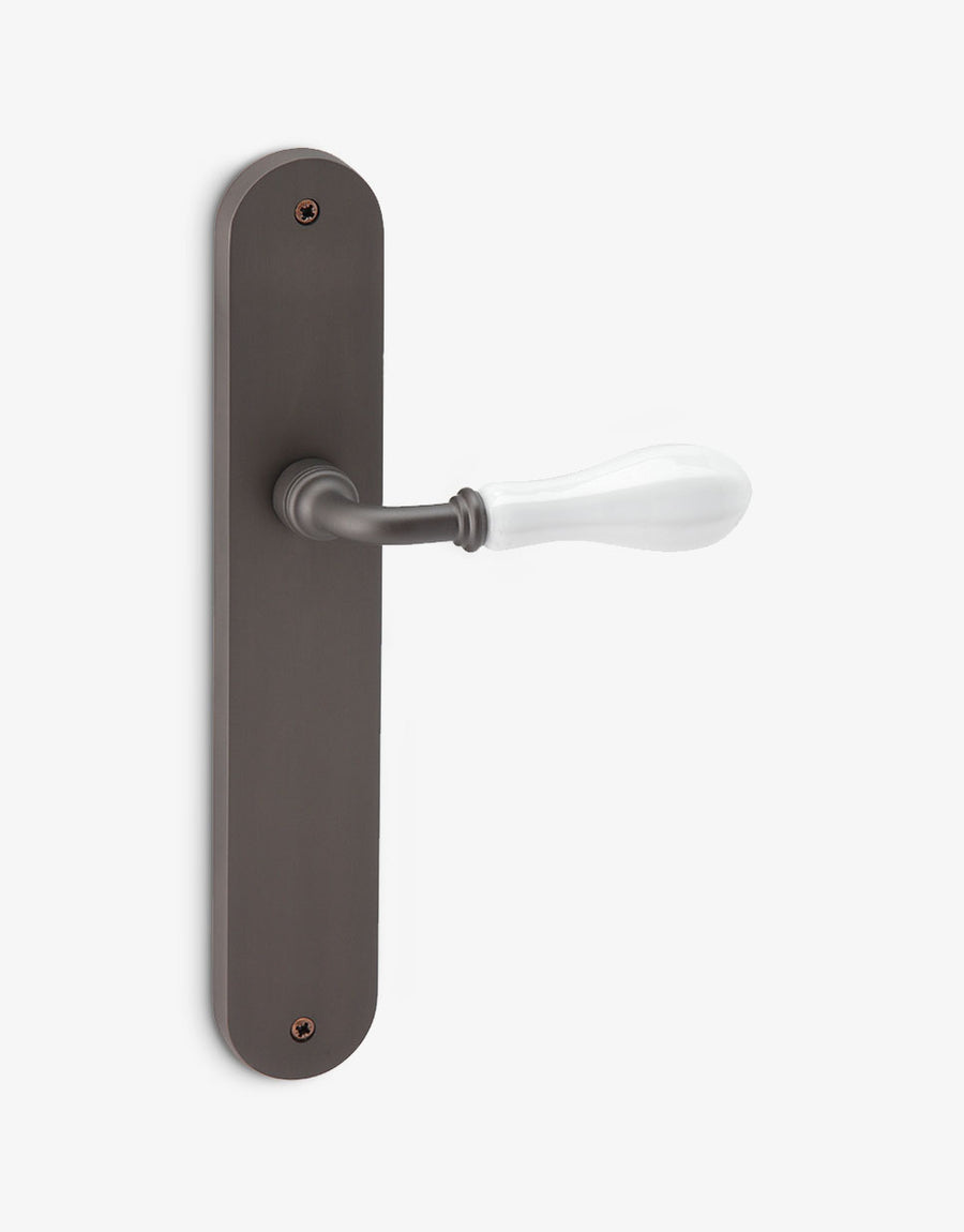 Dev door handle set on oval backplate