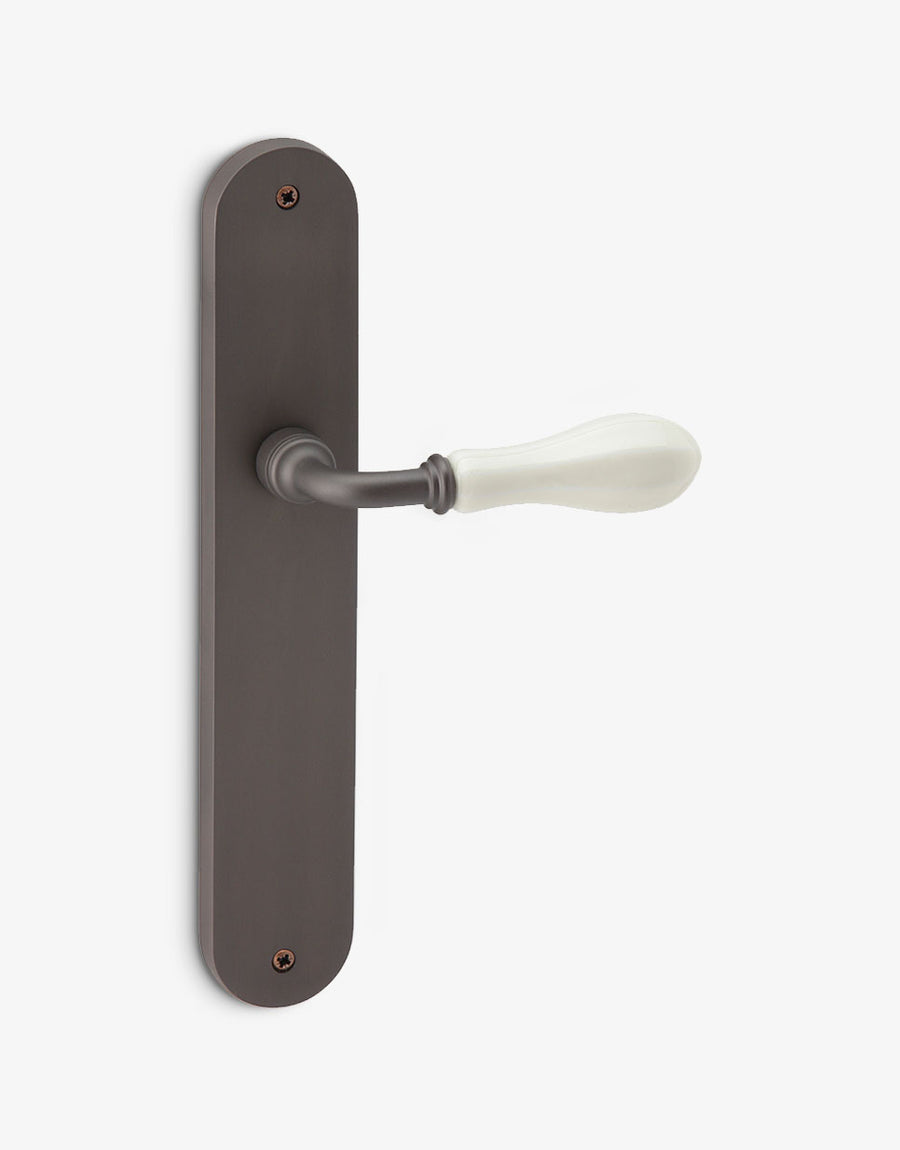 Dev door handle set on oval backplate