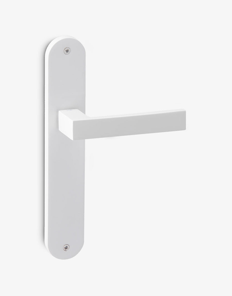Ángolo door handle set on an oval backplate
